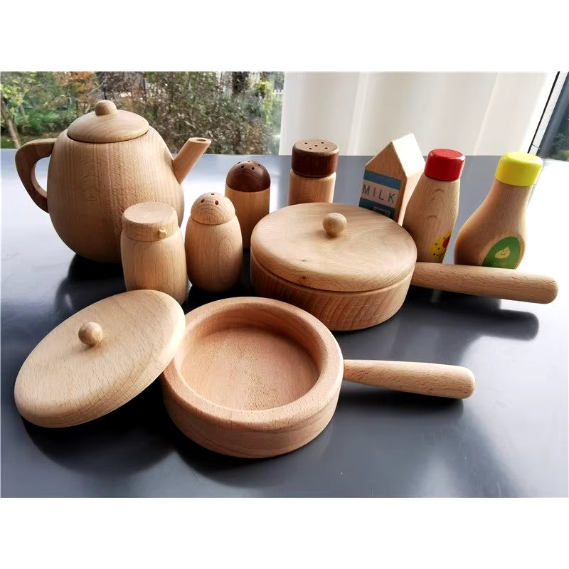 Kids Montessori Wood Toy Unpaint Sensory Teapot Pan Wooden Sauce Seasoning Bottle Early Learning