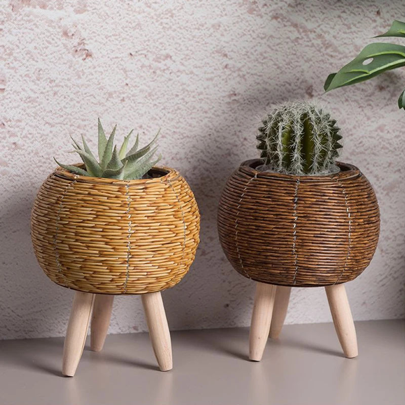 Nordic Flower Shelf Imitation Rattan Flower Pot Woven Flower Basket with Removable Legs Plant Stand Basket Garden Home Decor