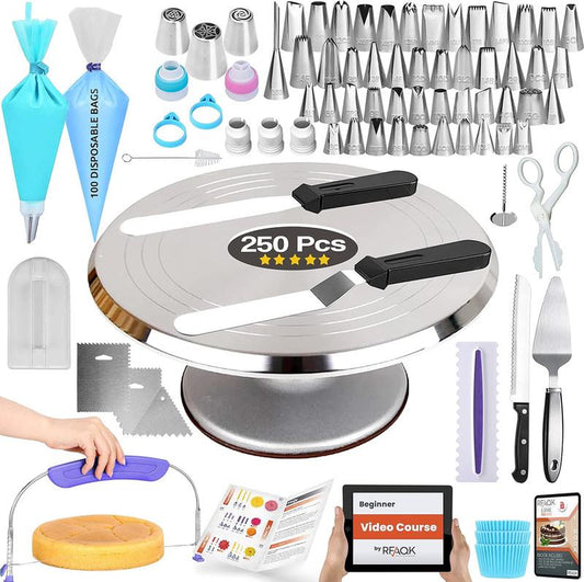 250 Pcs Aluminum Cake Decorating Tools Kit with 12" Metal Turntable -48 Numbered Icing Tips-3 Russian Piping Nozzles-Straight & Angled Spatula-Cake Leveler& Baking Supplies Tools Bakeware Set Aluminum Bakingpans Steel Disposable