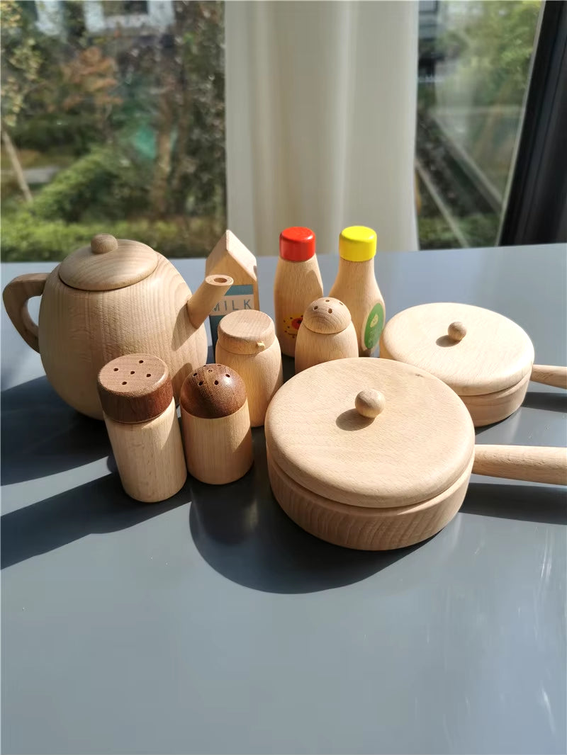 Kids Montessori Wood Toy Unpaint Sensory Teapot Pan Wooden Sauce Seasoning Bottle Early Learning