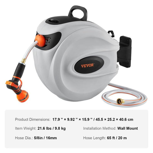 VEVOR Retractable Reel - Water Hose / Air Compressor / Extension Cord, 180° Swivel Bracket Wall-Mounted, Automatic Rewind, Lock at Any Length, and Slow Return System