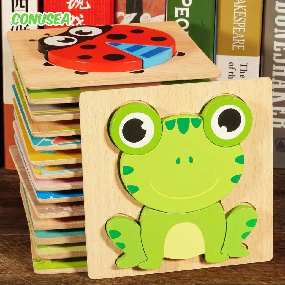 Montessorri Toys Education Wooden 3D Puzzle Cartoon Animals Learning Cognition Intelligence Puzzle Game Colorful Baby Toys Gifts