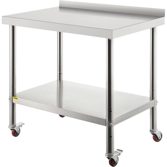 VEVOR Stainless Steel Prep Table, 30 X 24 X 35 Inch, 440Lbs Load Capacity Heavy Duty Metal Worktable with Backsplash Adjustable Undershelf & 4 Casters, Commercial Workstation for Kitchen Restaurant