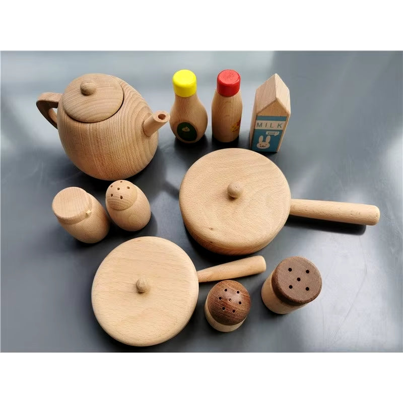 Kids Montessori Wood Toy Unpaint Sensory Teapot Pan Wooden Sauce Seasoning Bottle Early Learning